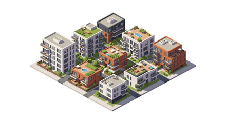 Obraz premium Modern isometric cityscape with urban apartment buildings and green rooftops