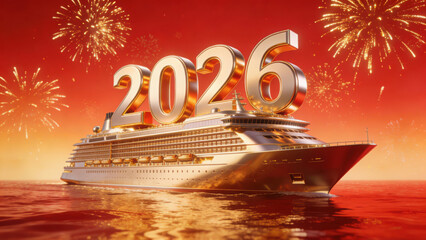 Luxury Cruise Ship Sailing on Calm Seas with Fireworks Display and Prominent '2026' Numerals Against a Red Sky, Symbolizing New Year Celebrations and Future Journeys
