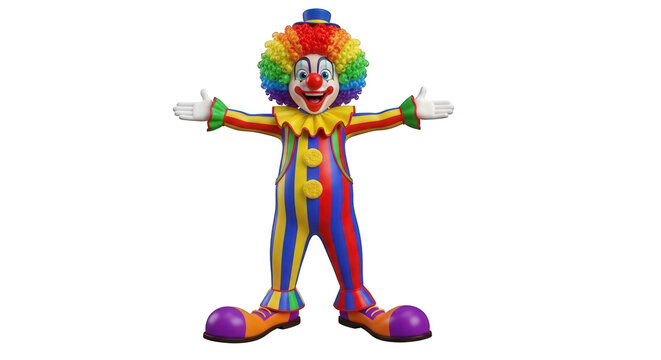 Colorful clown character with rainbow hair and vibrant costume welcoming you