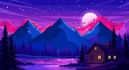Fotobehang Violet Retro pixel art mountain landscape illustration with a cabin by the lake under a vibrant starry sky and full moon  © PDWN Creative
