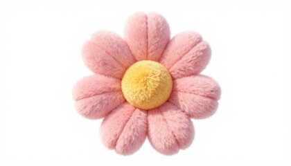 Pink fuzzy flower decoration with yellow center isolated on white background