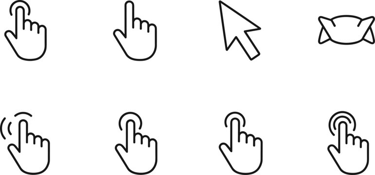 Click touch cursor icon set user interface interaction pointer hand tap symbols minimal outline vector illustration