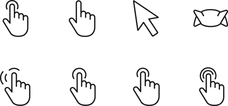 Click touch cursor icon set user interface interaction pointer hand tap symbols minimal outline vector illustration