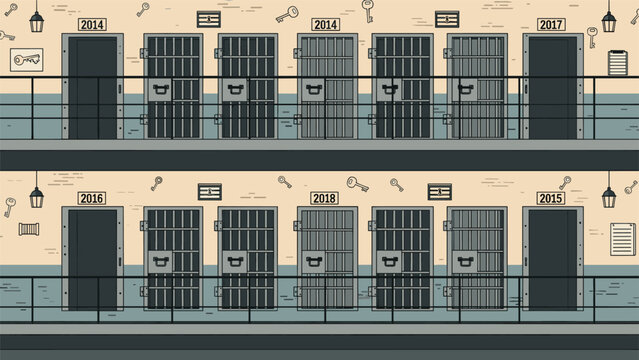 Graphic illustration displays a two-story prison facility with multiple barred cell doors, wall keys, and security lamps in a flat style.
