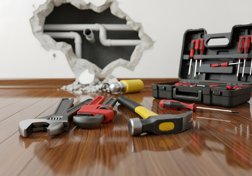 Tools on Floor Near Wall Hole