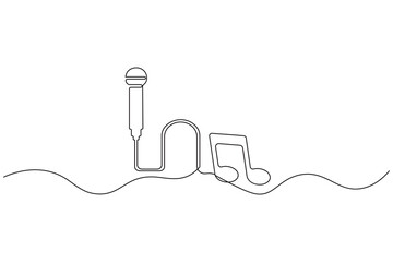Obraz premium Vintage microphone with musical notes continuous one line drawing on white 