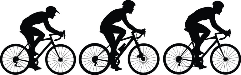 Obraz premium Three black silhouette cyclists riding bicycles on white background Keywords: cycling, cyclist, bicycle, bike, sport, recreation