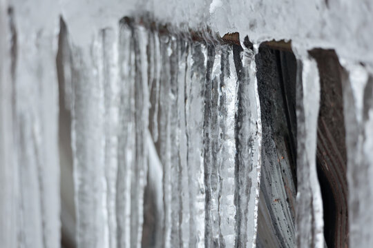 Row Of Sharp Frozen Water Crystals Forming Under A Layer Of White Snow During Cold Winter Season.