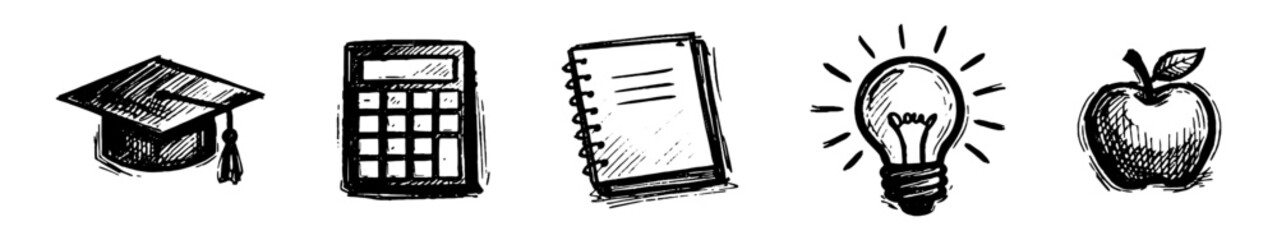 Hand-drawn school icons including a graduation cap, calculator, notebook, light bulb, and apple. Education symbols in sketch style on white. © drawing lines
