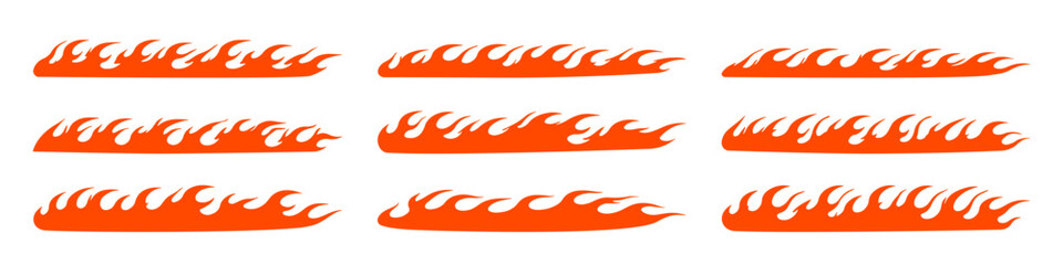 Obraz premium Set of nine orange flame vector decals for car tuning, racing, and hot rod styling. Graphic fire borders isolated on white background.