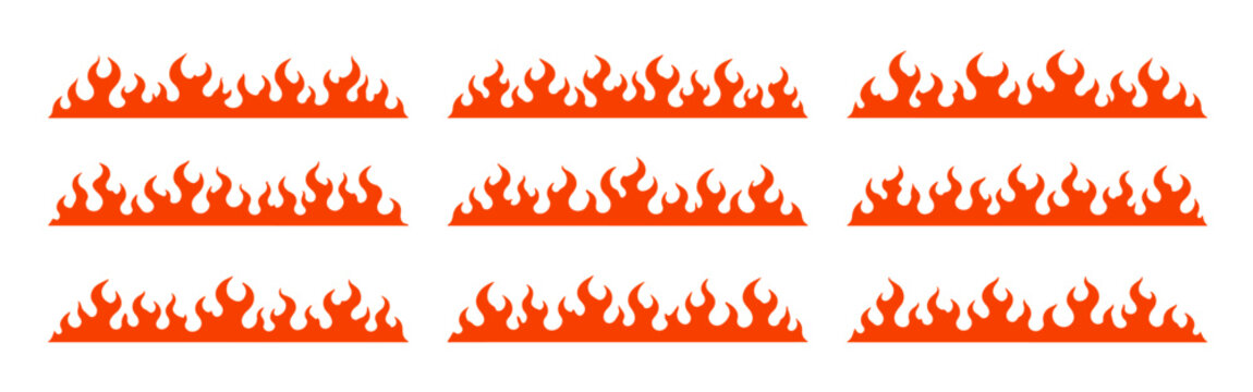 Set of nine orange flame vector decals for car tuning, racing, and hot rod styling. Graphic fire borders isolated on white background.