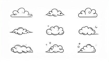 Fototapeta premium Cartoon Cloud Illustrations with Sparkles Showcasing Whimsical Design, Weather Icons, and Creative Graphic Art Elements