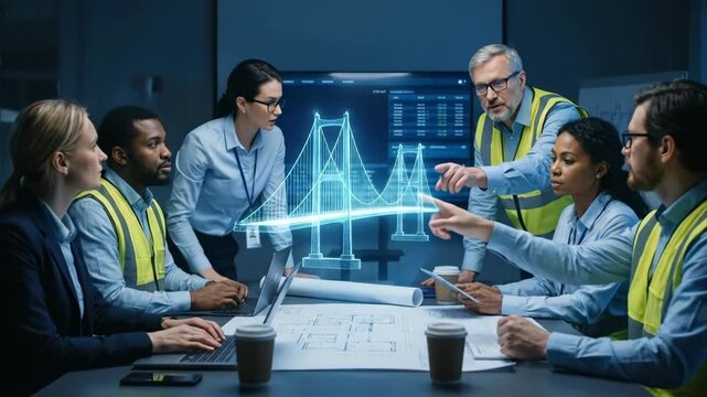 Diverse team of engineers and architects collaborating on bridge design hologram, discussing strategy in a modern office meeting