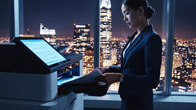 Businesswoman using photocopier in office with city skyline at night  