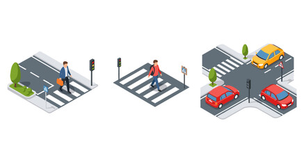 Isometric urban pedestrian crosswalk with traffic and vehicles
