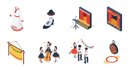 Fototapeta premium Traditional folk fest elements set with isometric musical instruments and dance costumes