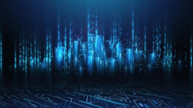 Lowpoly Night City Skyline With Circuit Board Floor and Binary Code.Animated cityscape of office buildings in virtual cyberspace.Animation loop of cyber city in wireframe mesh style on blue background