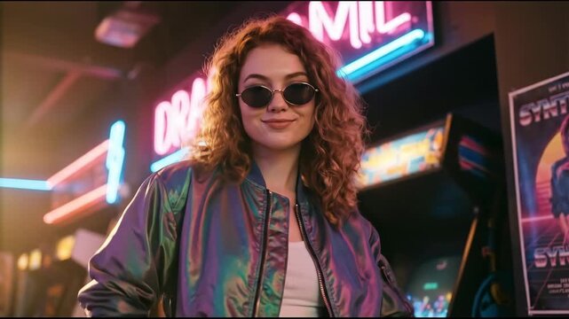 Woman in iridescent jacket and round sunglasses posing in retro arcade setting with neon lights and synth-pop poster for retrowave fashion