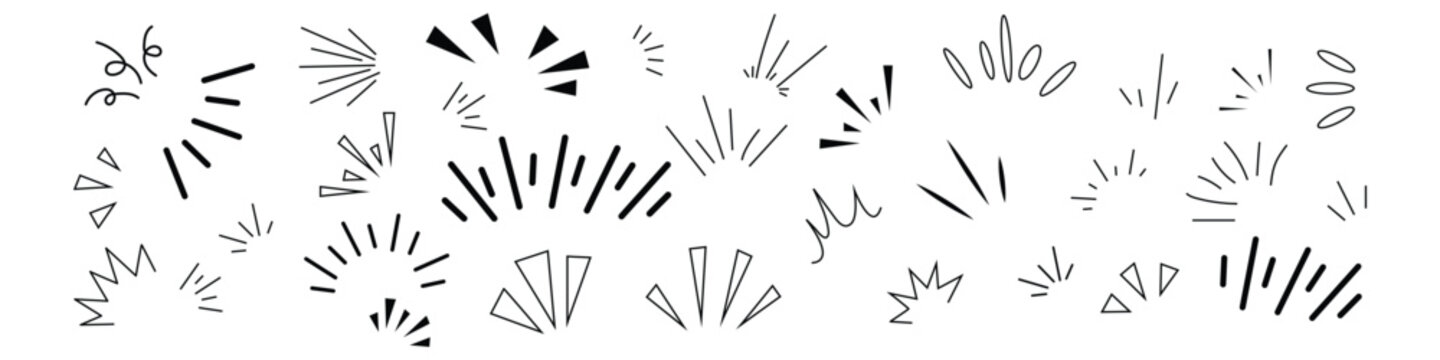 Hand drawn comic style emphasis lines and doodle elements icon set. burst effects, and dynamic radial patterns. enhancing illustrations, comics, and graphic design symbol. vector illustration.