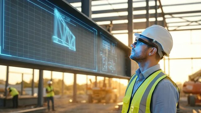 Construction engineer checking blueprint hologram on a beam at a construction site for building analysis