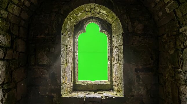 Old Stone Window with Green Screen Inside Dark Room Interior View with Light Beams Dust Particles Detail