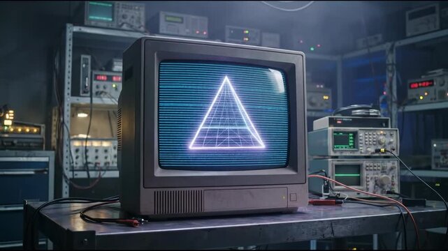 Retro wired computer monitor displaying glowing neon pyramid animation in classic 80s arcade style. Gaming, metaverse, web3, nft concept