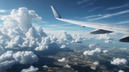 Obraz premium A passenger plane wing against a blue sky with fluffy white clouds, above patchwork fields
