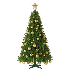 Fototapeta premium Decorated christmas tree with golden ornaments and star on top isolated on transparent background