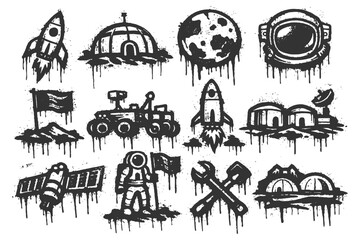 Fototapeta premium Space exploration icons: rockets, astronauts, moon, rover, helmets, stations.