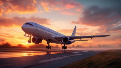 A commercial jet ascends, against a vibrant sunset. Runway below, clouds ablaze