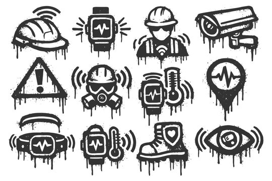 Graffiti-style safety icons with hard hats, cameras, masks, and more.