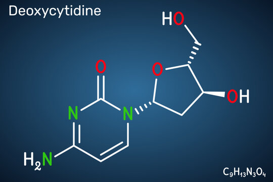 Deoxycytidine molecule, DNA nucleoside involved in molecular biology and genetics. Skeletal chemical formula. Dark blue background. Vector illustration