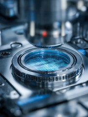 Advanced semiconductor wafer being inspected by precision optical equipment during high-tech electronics manufacturing process in a cleanroom environment
