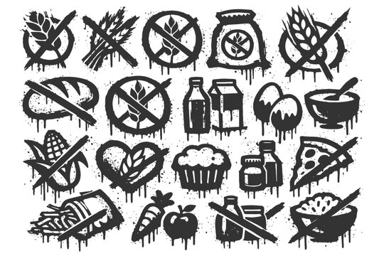 Gluten-free food icons with bread, pasta, and dairy illustrations.