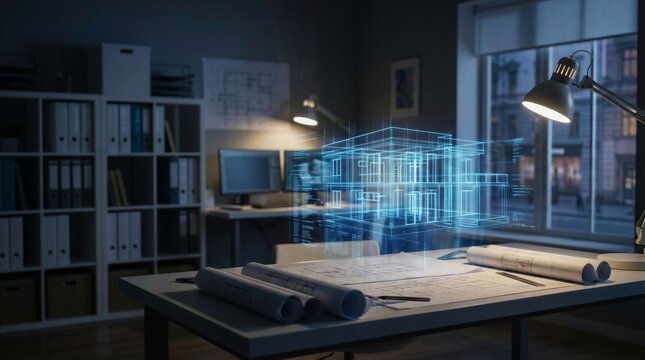 Blueprint and architectural drawing on a desk with a holographic house model. Digital development and modern architecture design concept