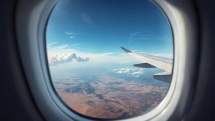 View from airplane window, wing in sight, across blue sky with clouds and land below