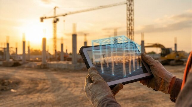 Man construction worker holding digital tablet with 3D building model. Builder using augmented reality for architect project development