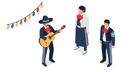 Isometric mariachi band with guitar and festive lights