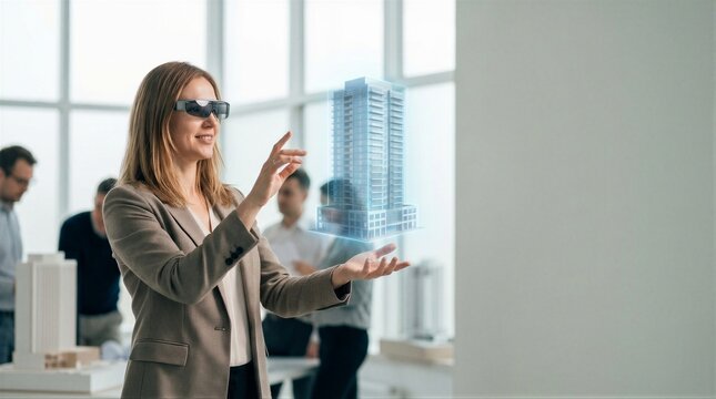 Woman architect wearing augmented reality headset interacting with 3D model of building. Future of construction and urban planning concept