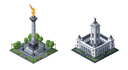 Obraz premium Isometric monuments: column and historic building in urban park setting