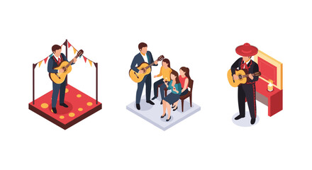 Isometric musicians playing guitars in diverse cultural settings