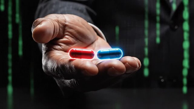 Cinematic Glowing Red Blue and White Medicinal Capsule Selection on Dark Background Inspired by Science Fiction Matrix Aesthetics with Ethereal Neon Light and Moody Atmosphere in 4K Quality