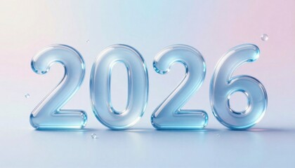 Blue water glass number 2026 3D render on gradient background