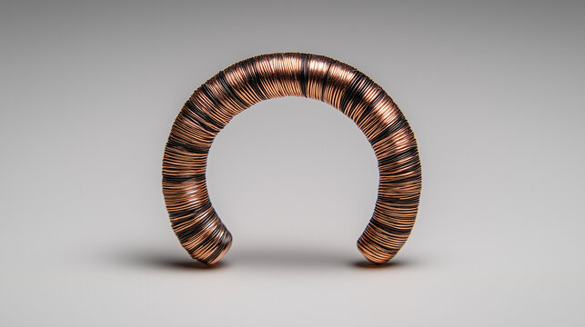 electromagnet. A horseshoe magnet wound with copper wire coils on a neutral background. STEM education sheets, lab safety posters, designed for biotech research communications.