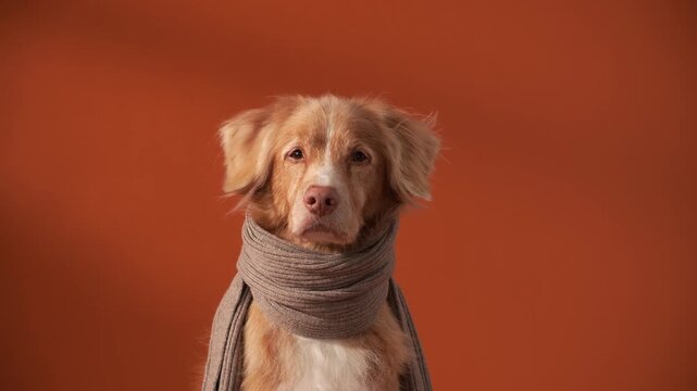 A Nova Scotia Duck Tolling Retriever sits calmly in a cozy gray scarf against an orange background. The portrait highlights the festive mood with minimal styling.