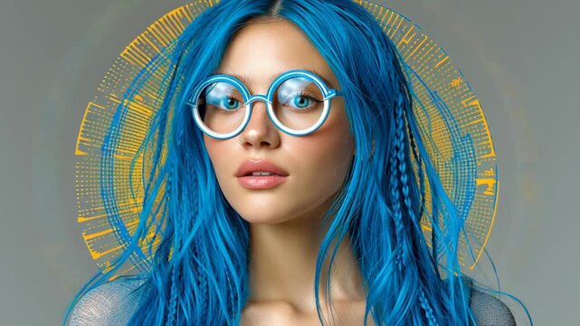 Young woman with blue hair and round glasses poses against a circular graphic background, showcasing a vibrant and artistic visual style with intricate patterns and colors