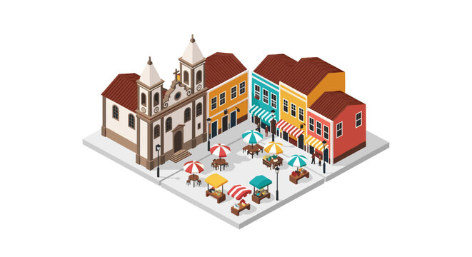 Colorful isometric town square with cafes and historic church architecture