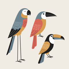 Fototapeta premium Stylized tropical bird illustration set featuring toucans and parrots in flat geometric design for nature conservation and exotic travel posters.