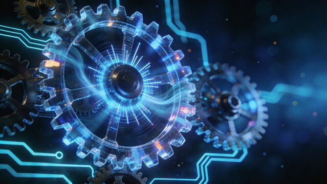 Abstract futuristic digital technology concept of clockwork mechanism with holographic gears in monochromatic deep blue, glowing electric lines, shallow depth of field, central gear radiating data lin