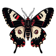 a psychadelic but symmetrical moth that is black, white, and red, with a bold outline seperating it from a black background. cell shading, ultra high definition, © Salih